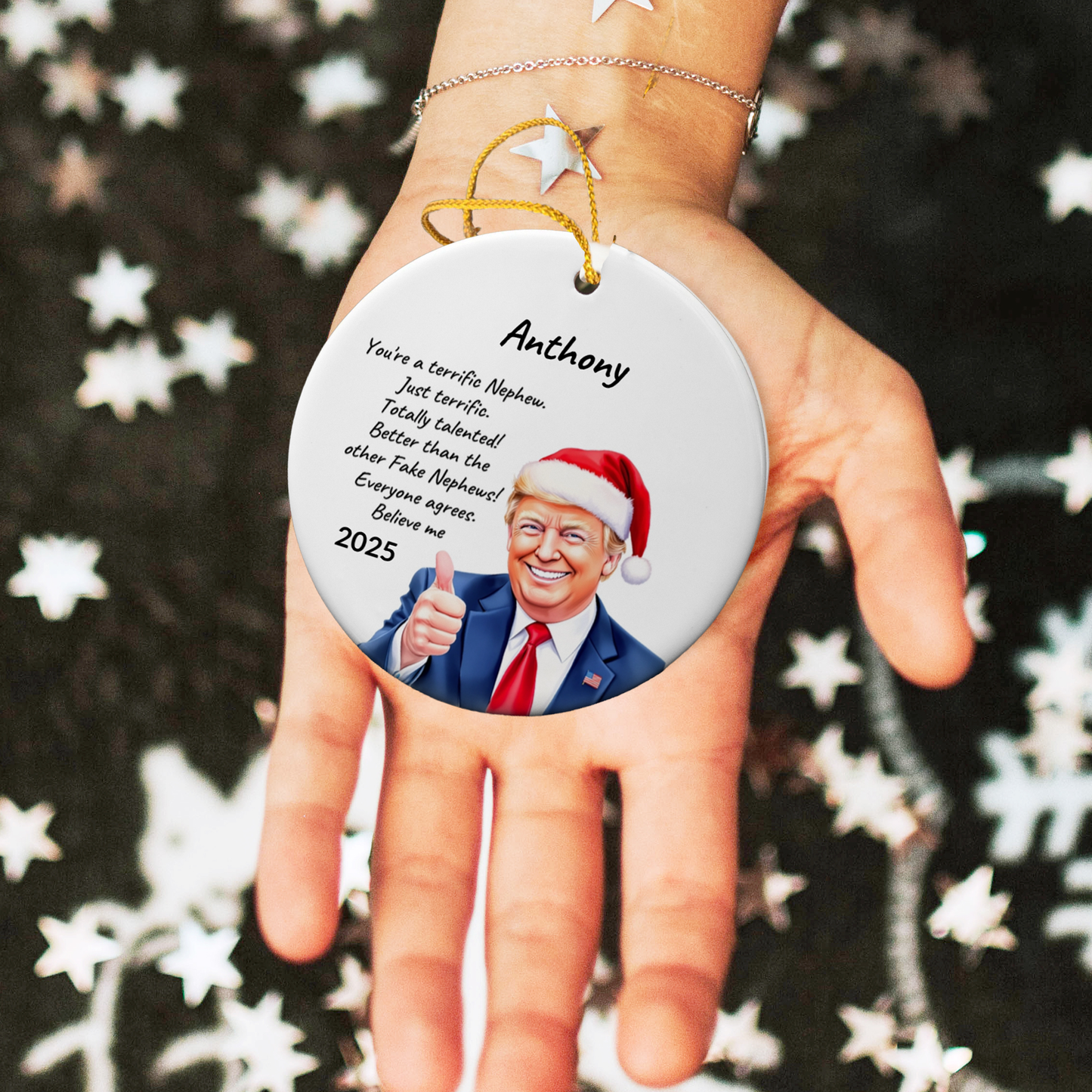 Personalized Nephew - Niece Trump Christmas Ornament – Funny Santa Thumbs-Up Holiday Gift – Custom Name & Year Keepsake for Nephews