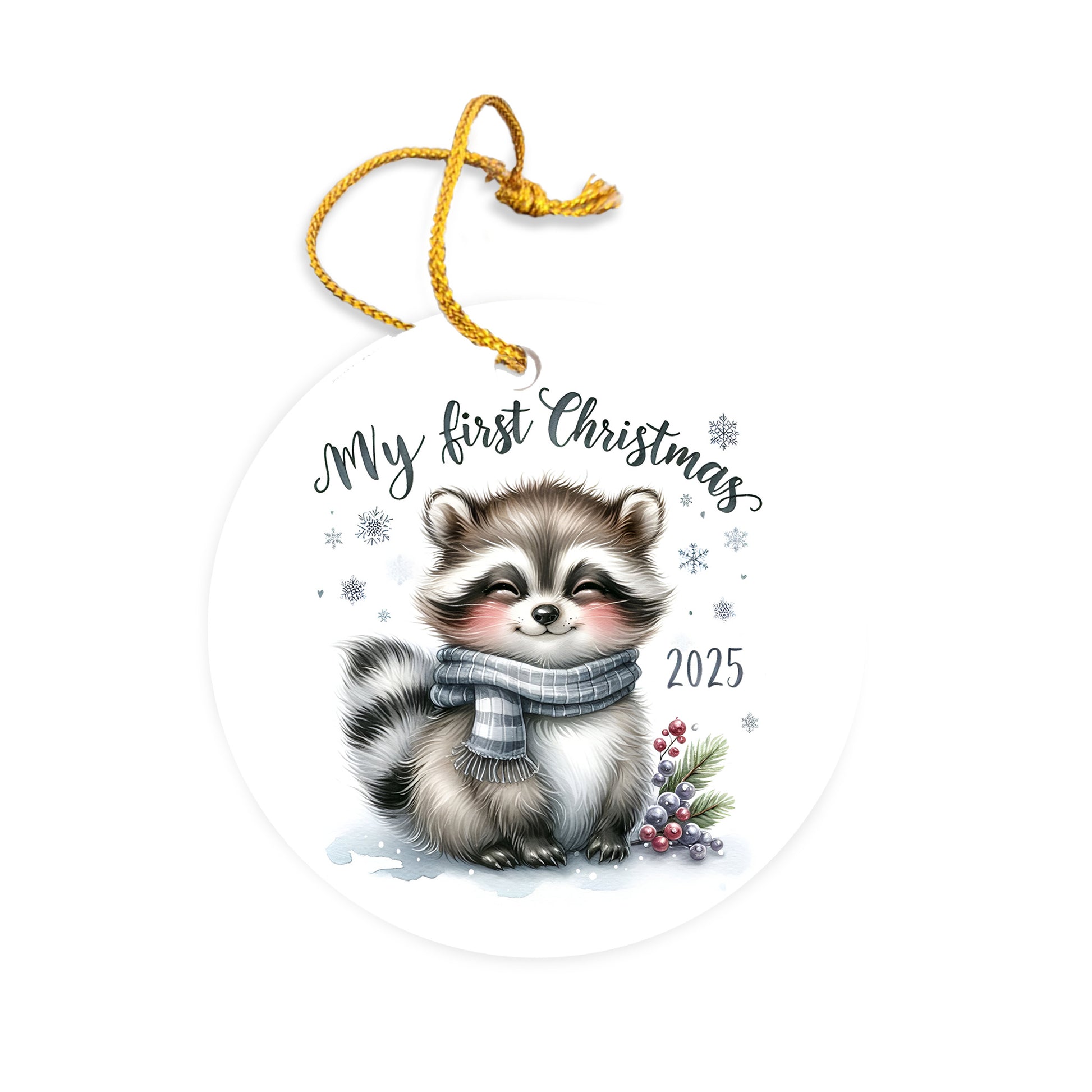 My First Christmas 2025 Raccoon Ornament – Baby’s First Christmas Keepsake, Cute Newborn Gift, Durable MDF Ornament with Gold Cord - Mallard Moon