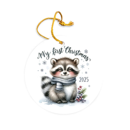 My First Christmas 2025 Raccoon Ornament – Baby’s First Christmas Keepsake, Cute Newborn Gift, Durable MDF Ornament with Gold Cord - Mallard Moon