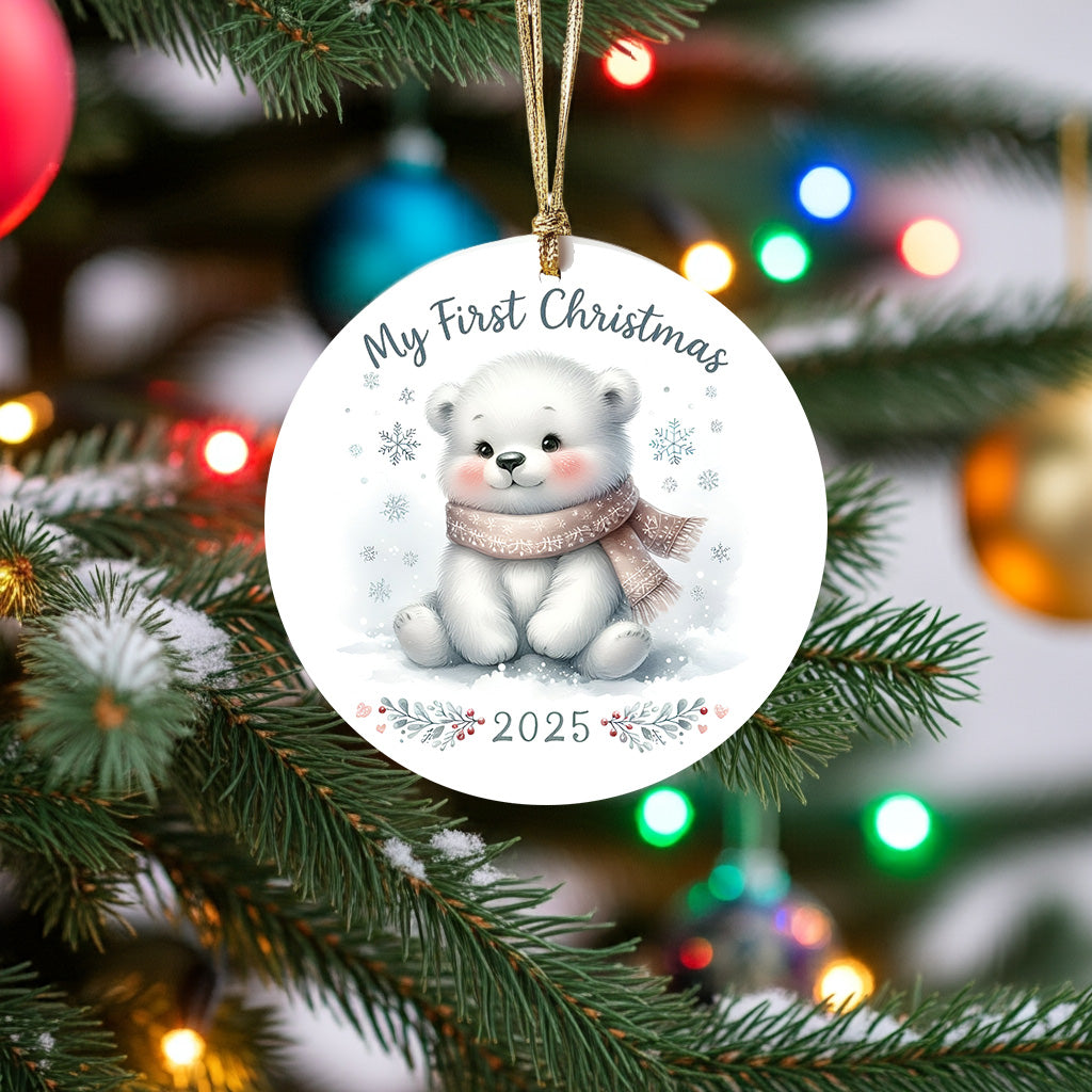 My First Christmas 2025 Bear Ornament – Baby’s First Christmas Keepsake, Cute Newborn Gift, Durable MDF Ornament with Gold Cord - Mallard Moon