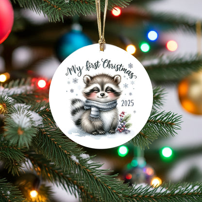 My First Christmas 2025 Raccoon Ornament – Baby’s First Christmas Keepsake, Cute Newborn Gift, Durable MDF Ornament with Gold Cord - Mallard Moon