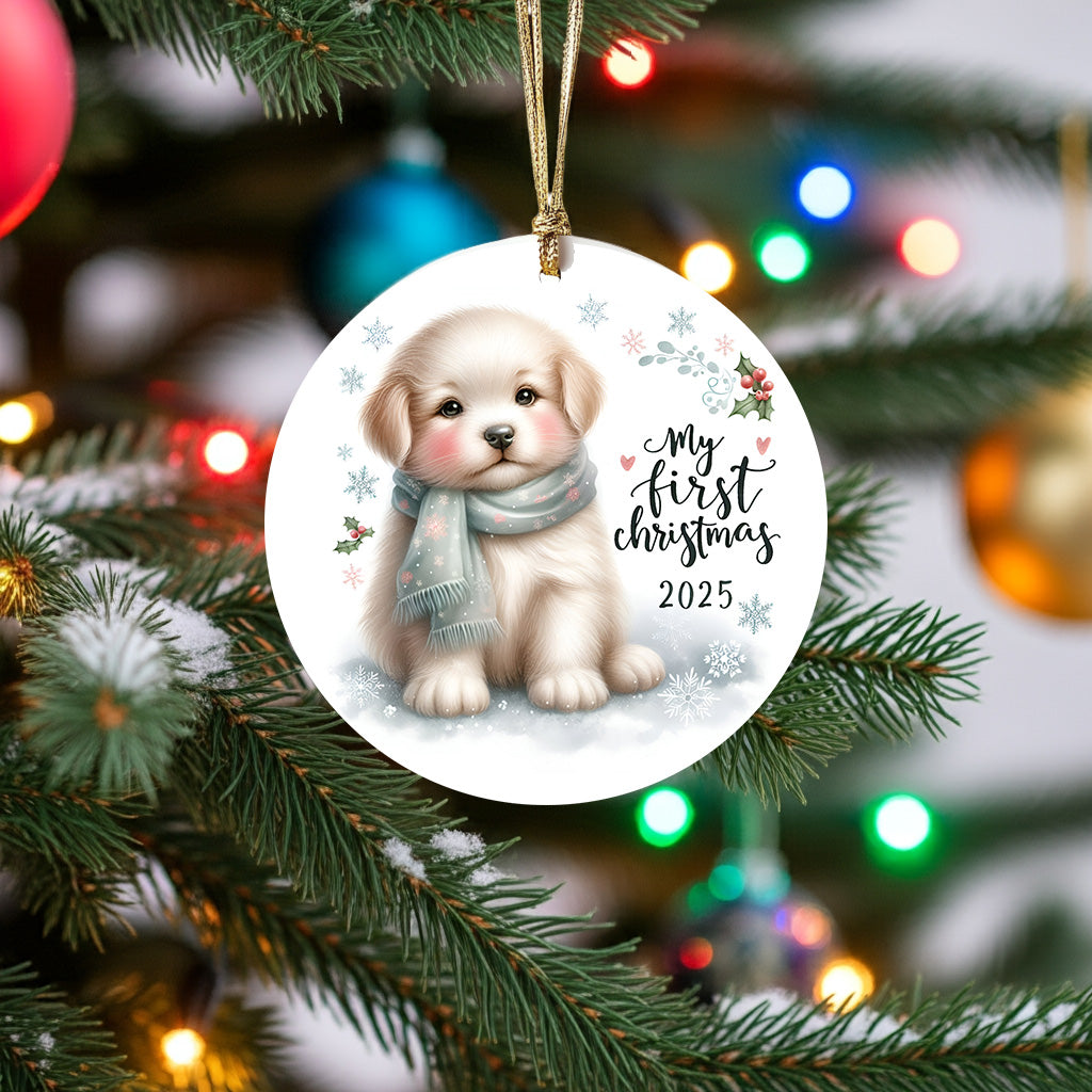 My First Christmas 2025 Puppy Ornament – Baby’s First Christmas Keepsake, Cute Newborn Gift, Durable MDF Ornament with Gold Cord - Mallard Moon