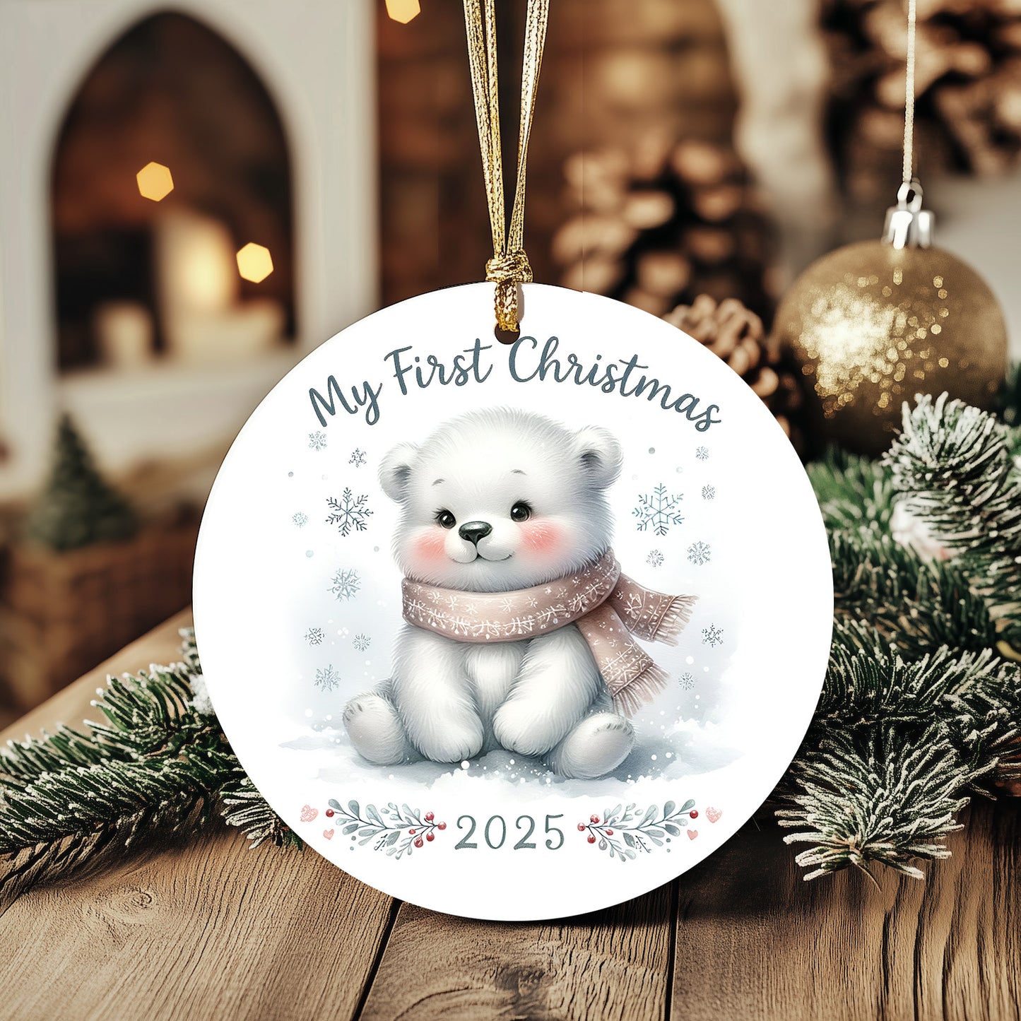 My First Christmas 2025 Bear Ornament – Baby’s First Christmas Keepsake, Cute Newborn Gift, Durable MDF Ornament with Gold Cord - Mallard Moon
