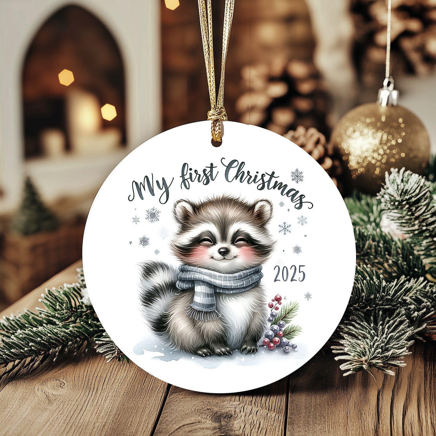 My First Christmas 2025 Raccoon Ornament – Baby’s First Christmas Keepsake, Cute Newborn Gift, Durable MDF Ornament with Gold Cord - Mallard Moon