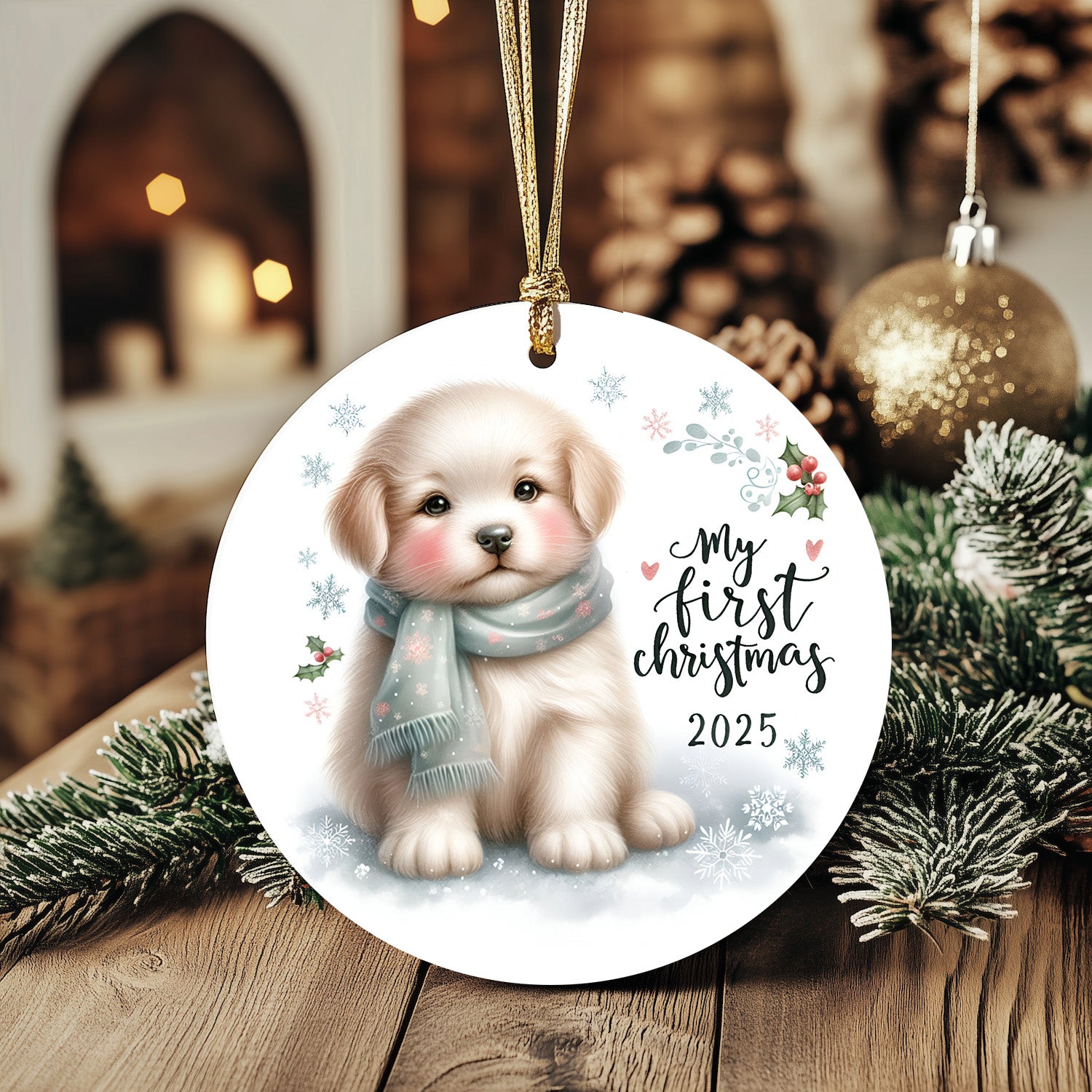 My First Christmas 2025 Puppy Ornament – Baby’s First Christmas Keepsake, Cute Newborn Gift, Durable MDF Ornament with Gold Cord - Mallard Moon