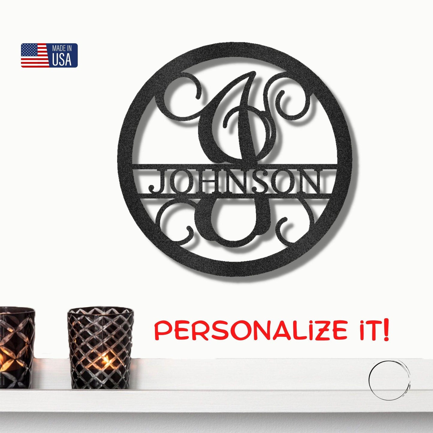 Circle Vine Monogram Personalized Name Indoor Outdoor Steel Wall Sign Metal Art - Mallard Moon Gift Shop