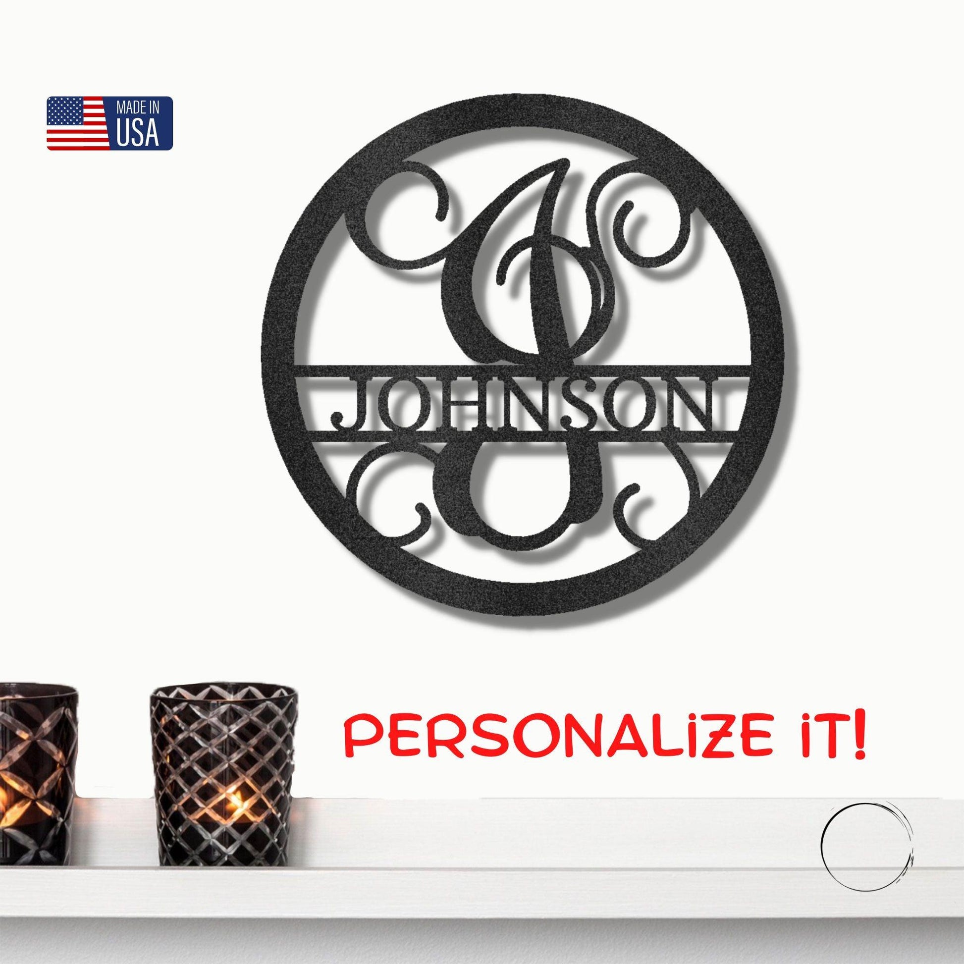 Circle Vine Monogram Personalized Name Indoor Outdoor Steel Wall Sign Metal Art - Mallard Moon Gift Shop