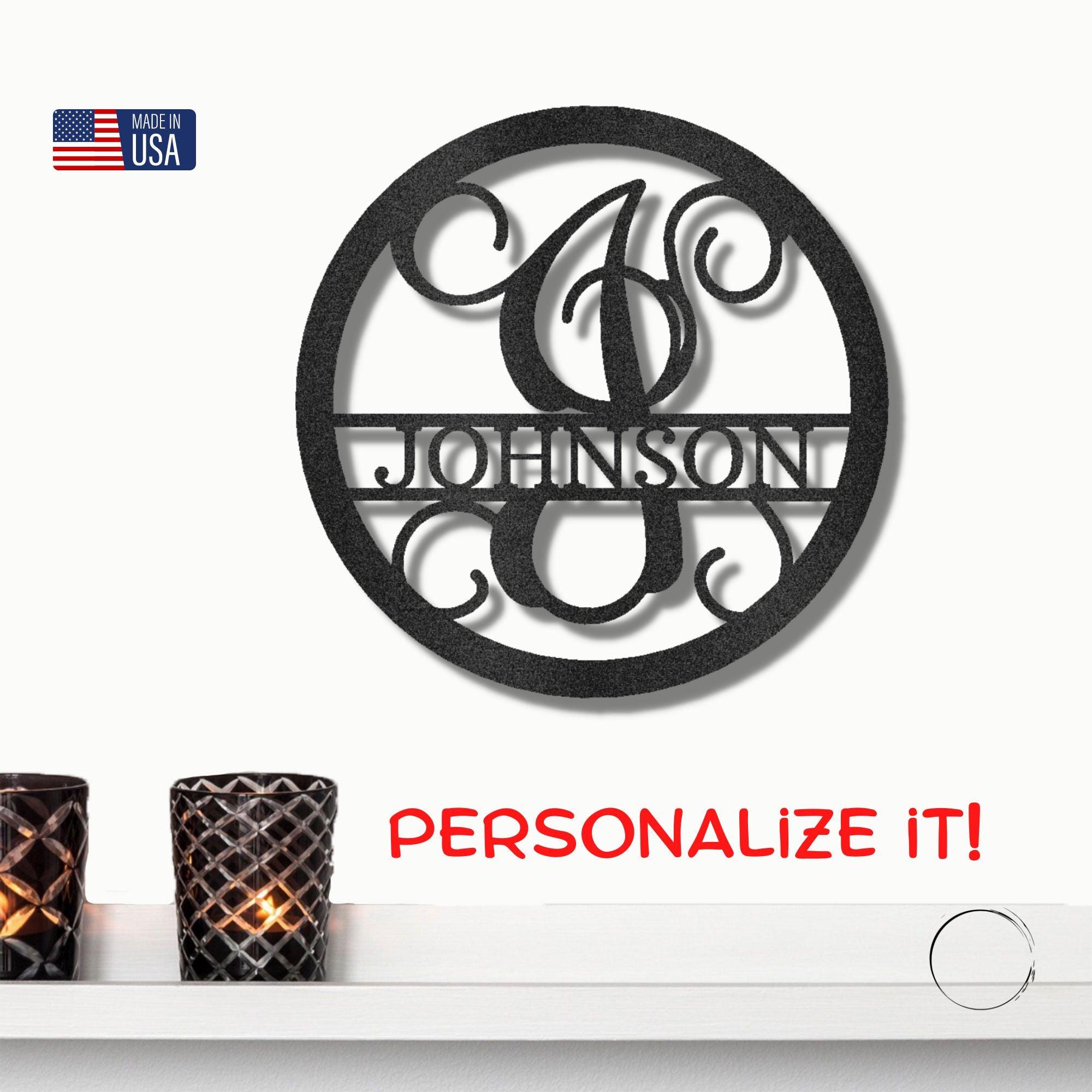 Circle Vine Monogram Personalized Name Indoor Outdoor Steel Wall Sign Metal Art - Mallard Moon Gift Shop