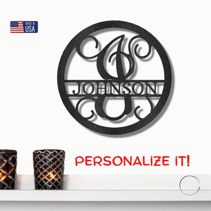 Circle Vine Monogram Personalized Name Indoor Outdoor Steel Wall Sign Metal Art - Mallard Moon Gift Shop