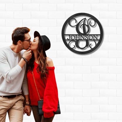 Circle Vine Monogram Personalized Name Indoor Outdoor Steel Wall Sign Metal Art - Mallard Moon Gift Shop