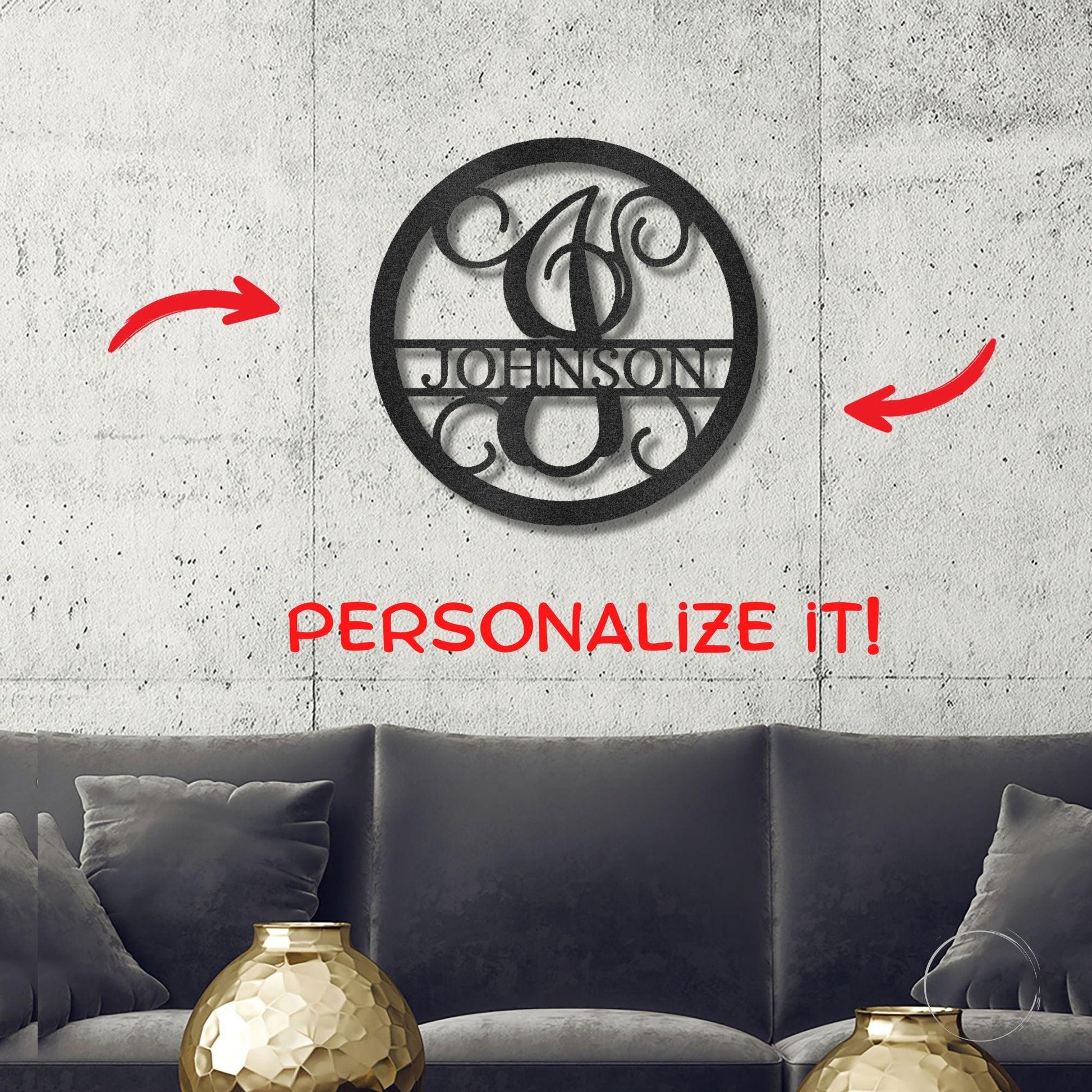 Circle Vine Monogram Personalized Name Indoor Outdoor Steel Wall Sign Metal Art - Mallard Moon Gift Shop