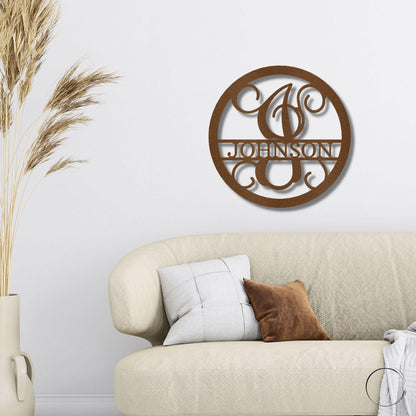Circle Vine Monogram Personalized Name Indoor Outdoor Steel Wall Sign Metal Art - Mallard Moon Gift Shop