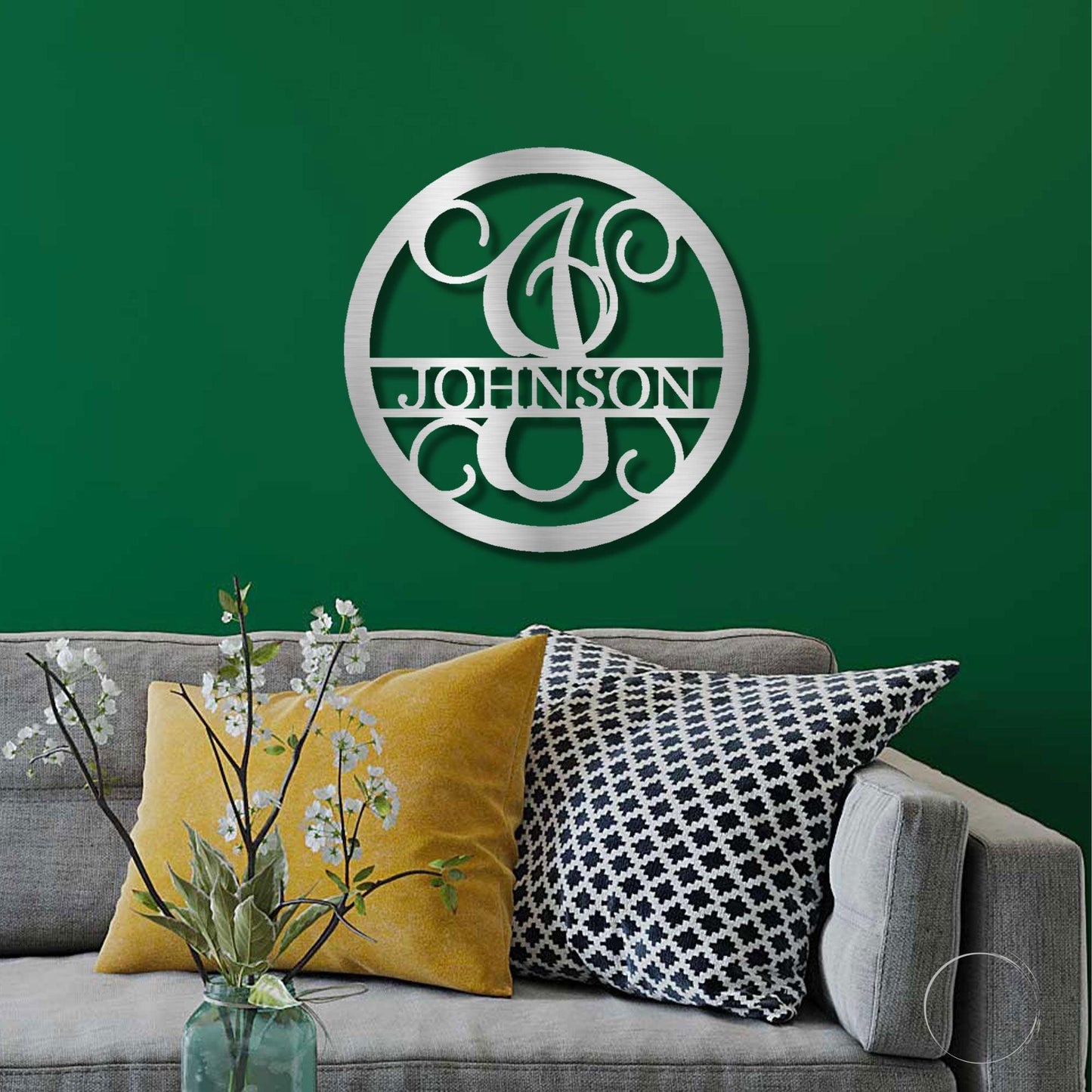 Circle Vine Monogram Personalized Name Indoor Outdoor Steel Wall Sign Metal Art - Mallard Moon Gift Shop