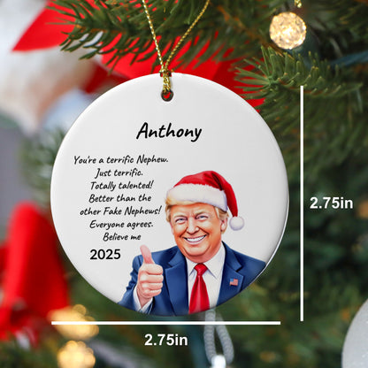 Personalized Nephew - Niece Trump Christmas Ornament – Funny Santa Thumbs-Up Holiday Gift – Custom Name & Year Keepsake for Nephews