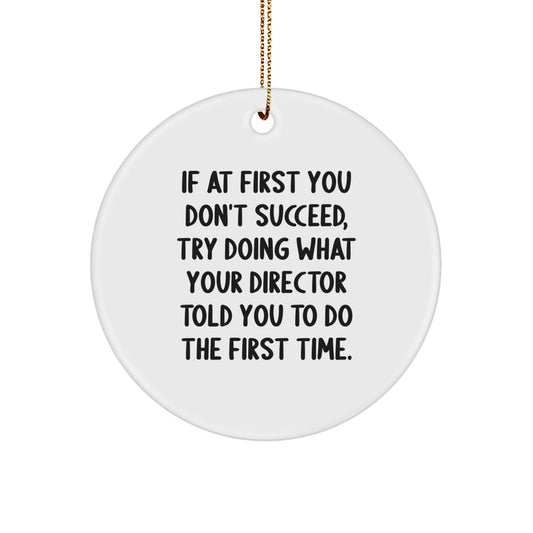 Funny Director Gifts from Friends for Christmas Unique Circle Ornament with 'If At First You Don't Succeed, Try Doing What Your Director Told You To Do The First Time' Quote - Image 1