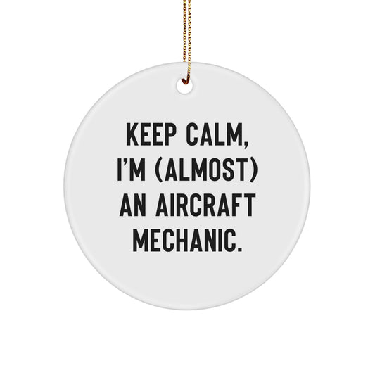 Funny Aircraft Mechanic Gifts for Him from Friends, Aircraft Mechanic Christmas Unique Ornaments, 'Keep Calm I'm (almost) An Aircraft Mechanic', Circle Ornament - Image 1