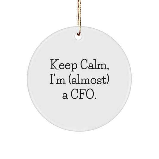 Funny CFO Gifts for Men, Women, Friends, Christmas Circle Ornament with Keep Calm, I'm (almost) A Cfo. - Image 1