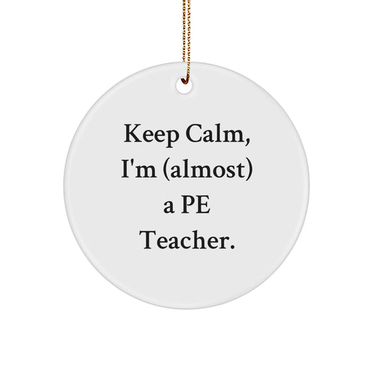 Funny PE Teacher Gifts for Men, 'Keep Calm, I'm (almost) A Pe Teacher' Circle Ornament Christmas Unique Gifts from Family, Friends - Image 1