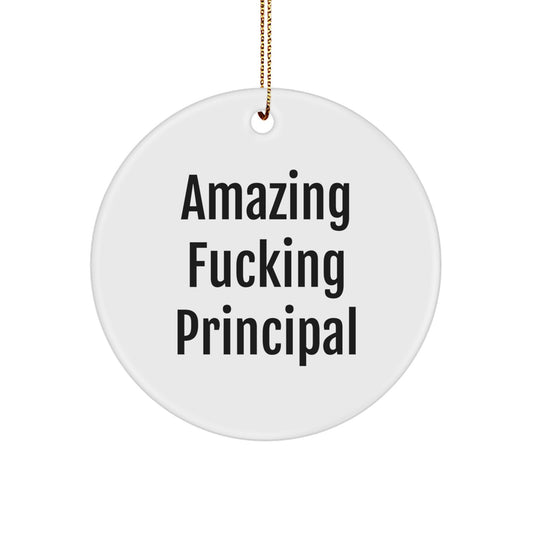 Funny Christmas Principal Gifts for Men, Women, Coworkers, or Friends - 'Amazing F--king Principal' Circle Ornament for Principal Appreciation - Image 1