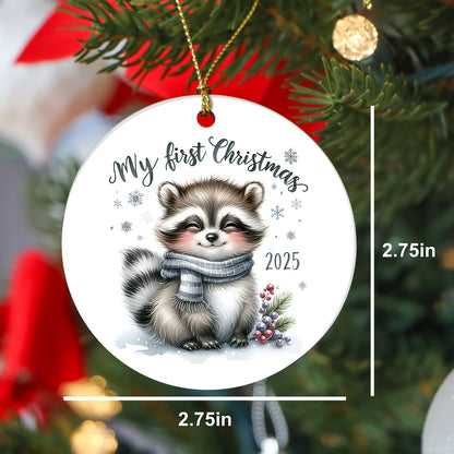 My First Christmas 2025 Raccoon Ornament – Baby’s First Christmas Keepsake, Cute Newborn Gift, Durable MDF Ornament with Gold Cord - Mallard Moon