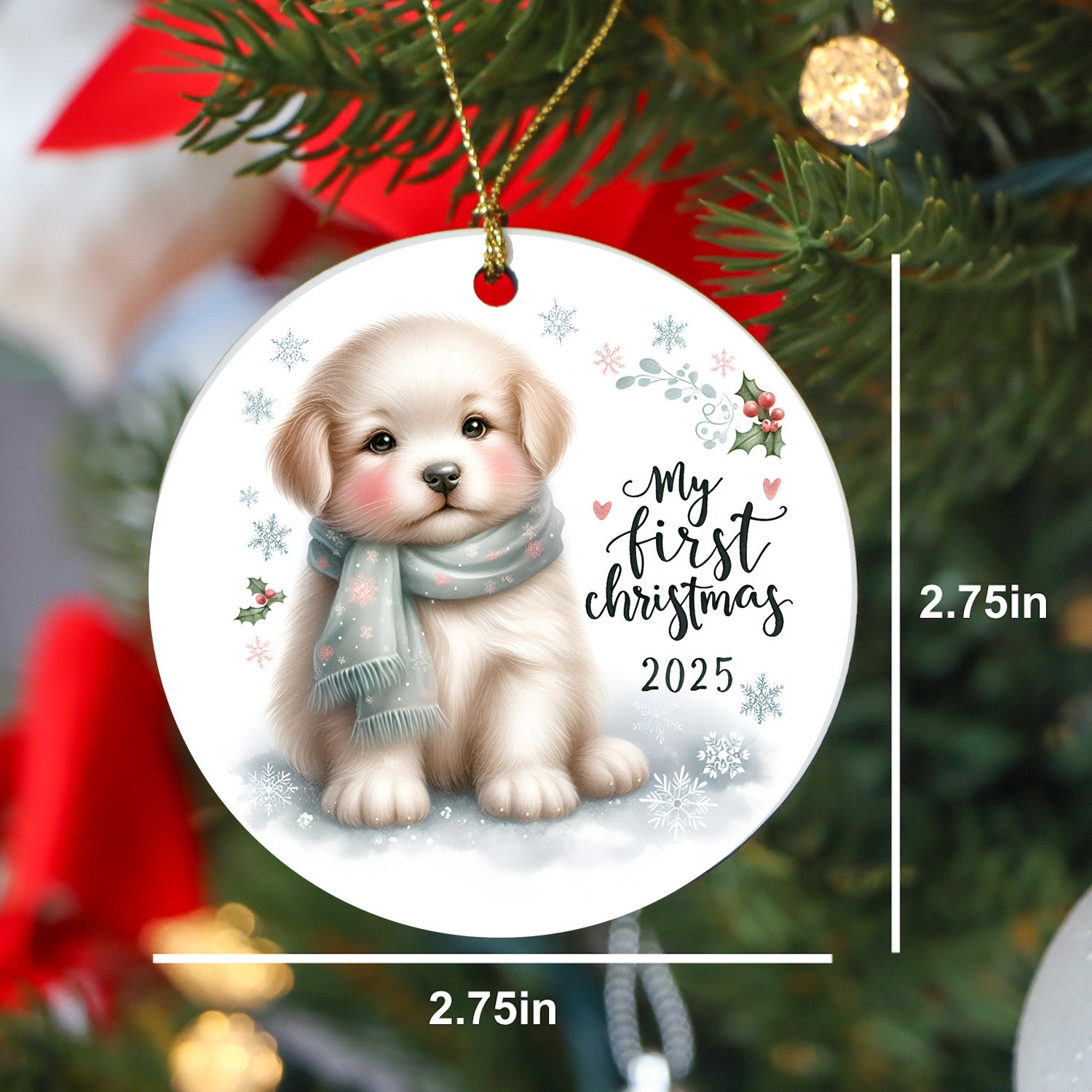 My First Christmas 2025 Puppy Ornament – Baby’s First Christmas Keepsake, Cute Newborn Gift, Durable MDF Ornament with Gold Cord - Mallard Moon