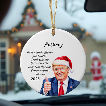 Personalized Nephew - Niece Trump Christmas Ornament – Funny Santa Thumbs-Up Holiday Gift – Custom Name & Year Keepsake for Nephews