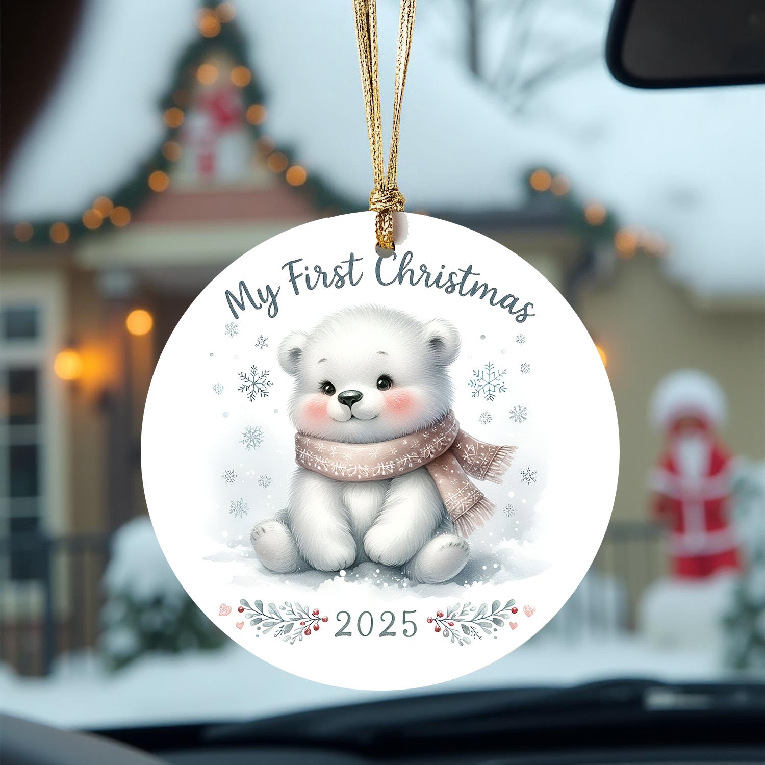My First Christmas 2025 Bear Ornament – Baby’s First Christmas Keepsake, Cute Newborn Gift, Durable MDF Ornament with Gold Cord - Mallard Moon