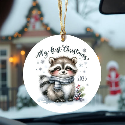 My First Christmas 2025 Raccoon Ornament – Baby’s First Christmas Keepsake, Cute Newborn Gift, Durable MDF Ornament with Gold Cord - Mallard Moon