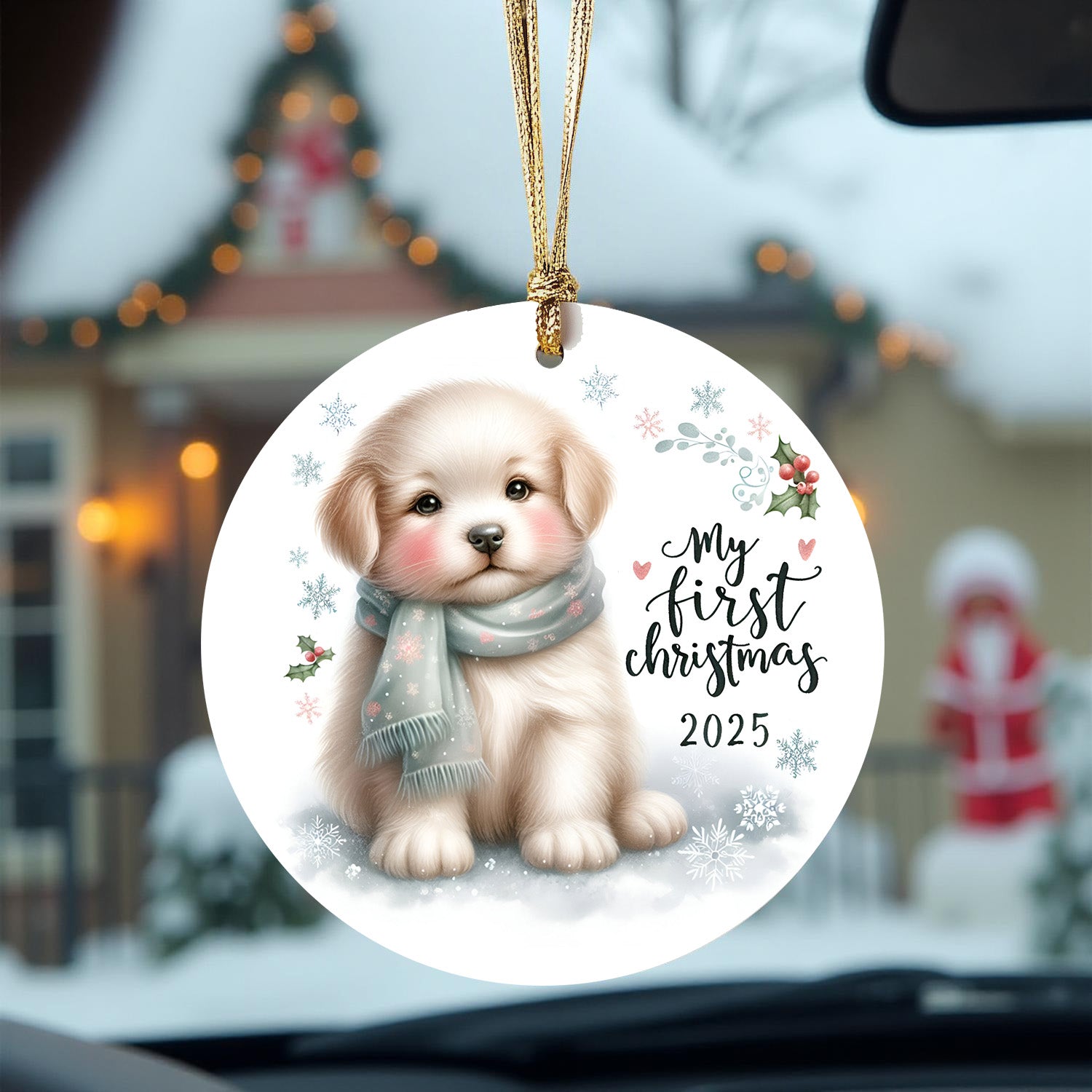 My First Christmas 2025 Puppy Ornament – Baby’s First Christmas Keepsake, Cute Newborn Gift, Durable MDF Ornament with Gold Cord - Mallard Moon
