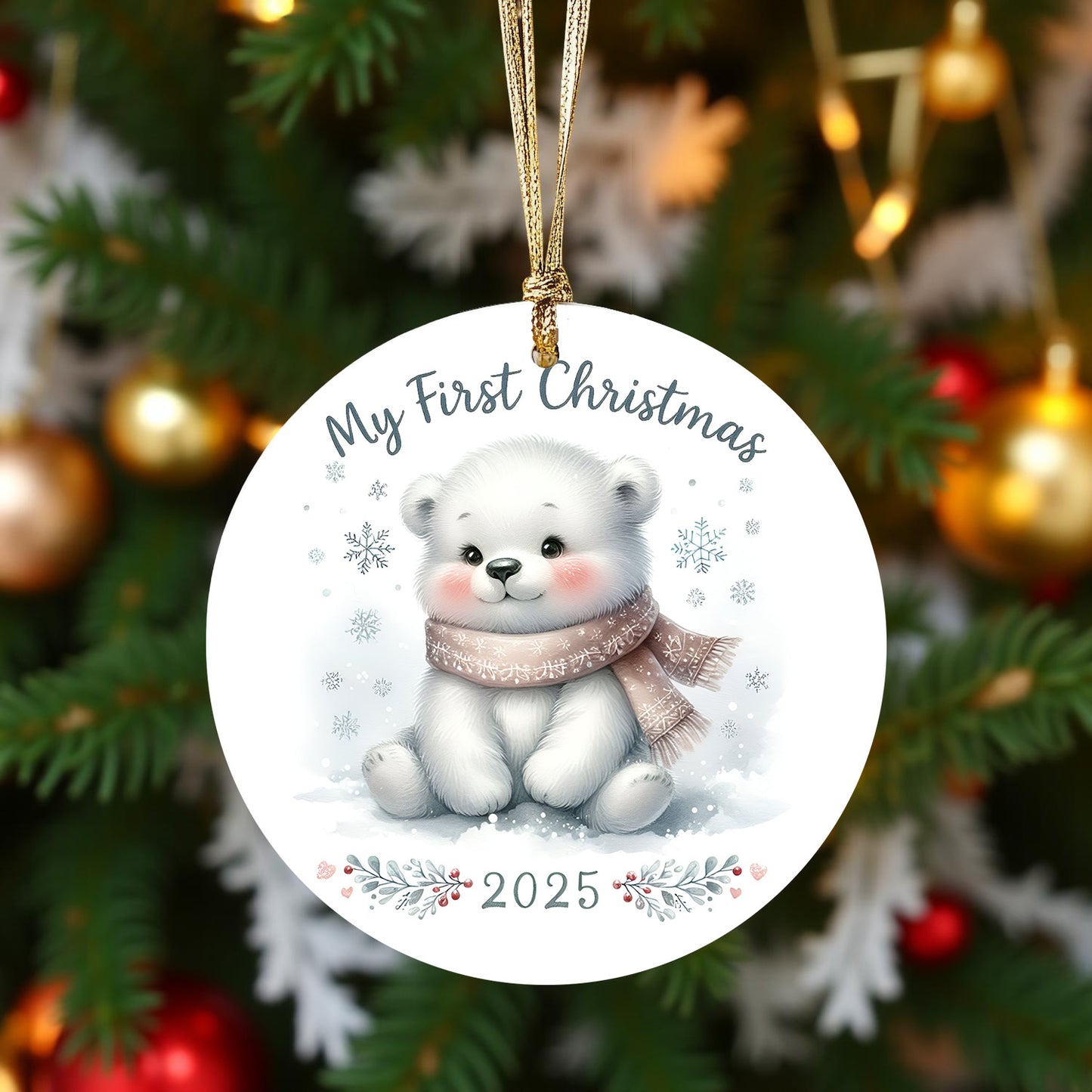 My First Christmas 2025 Bear Ornament – Baby’s First Christmas Keepsake, Cute Newborn Gift, Durable MDF Ornament with Gold Cord - Mallard Moon