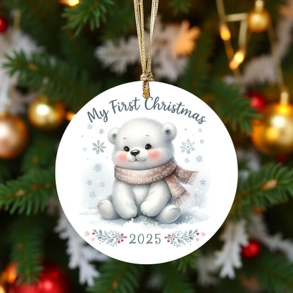 My First Christmas 2025 Bear Ornament – Baby’s First Christmas Keepsake, Cute Newborn Gift, Durable MDF Ornament with Gold Cord - Mallard Moon