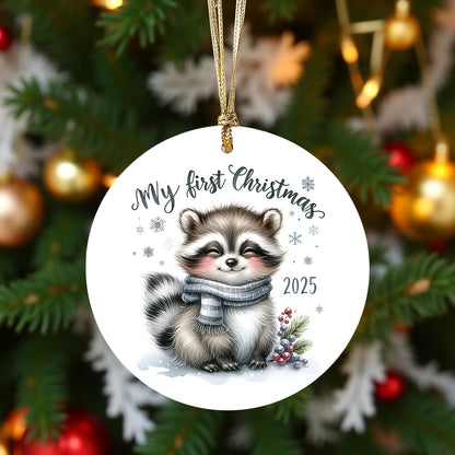 My First Christmas 2025 Raccoon Ornament – Baby’s First Christmas Keepsake, Cute Newborn Gift, Durable MDF Ornament with Gold Cord - Mallard Moon