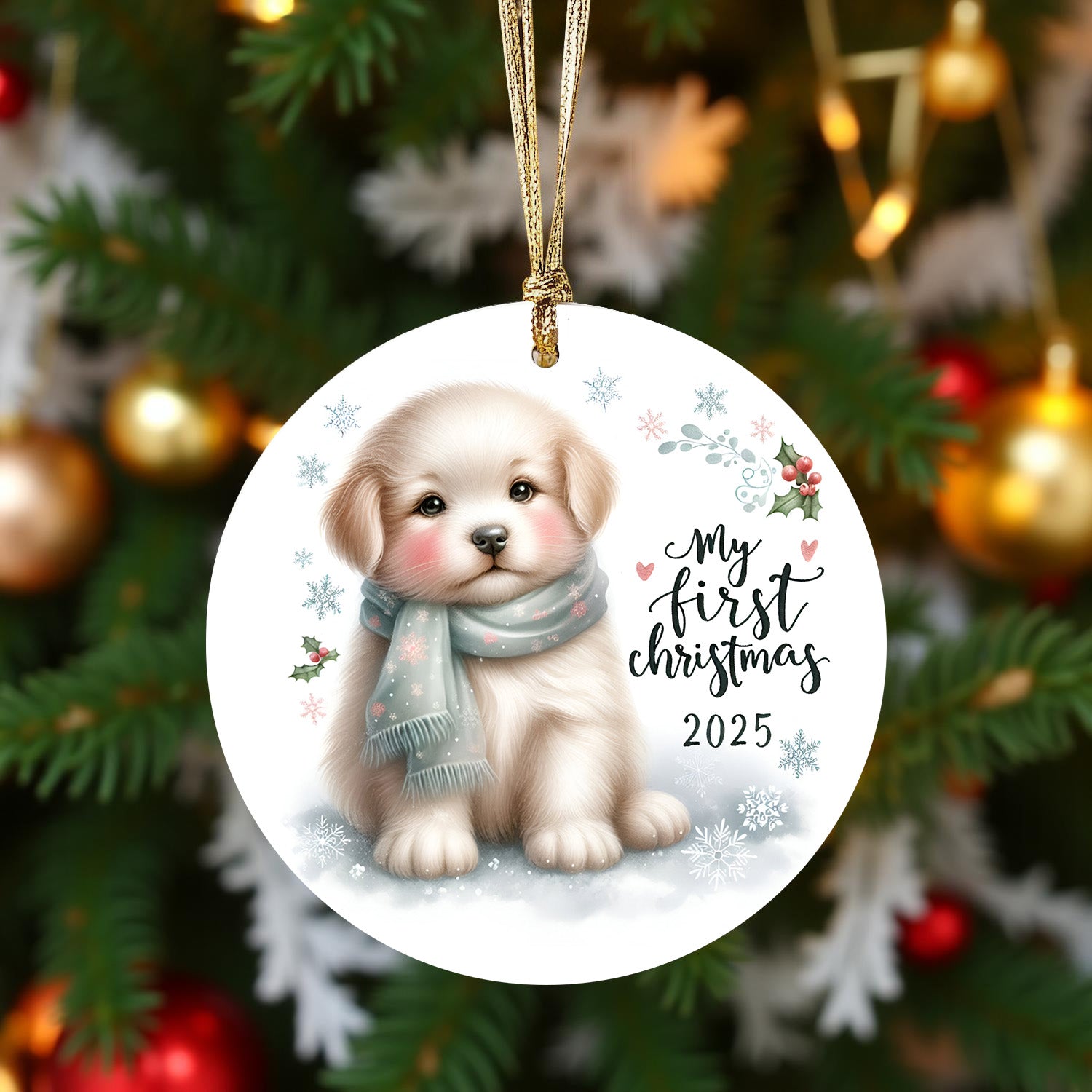 My First Christmas 2025 Puppy Ornament – Baby’s First Christmas Keepsake, Cute Newborn Gift, Durable MDF Ornament with Gold Cord - Mallard Moon