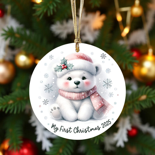 My First Christmas 2025 Polar Bear Ornament – Baby’s First Christmas Keepsake, Cute Newborn Gift, Durable MDF Ornament with Gold Cord - Mallard Moon