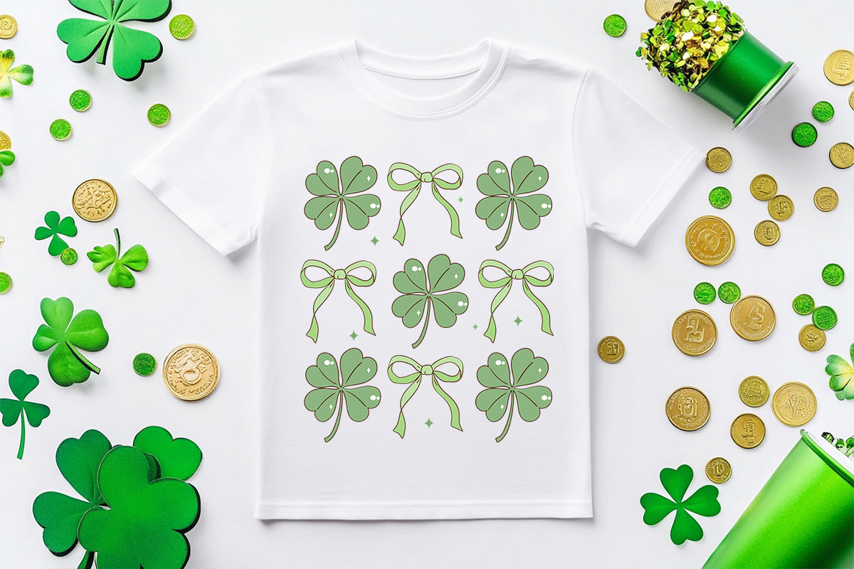 Youth St. Patrick's Day T-Shirt – Lucky Clover & Bow Design – Soft Cotton Crew Neck Tee – Irish Holiday Shirt for Girls - Mallard Moon Gift Shop