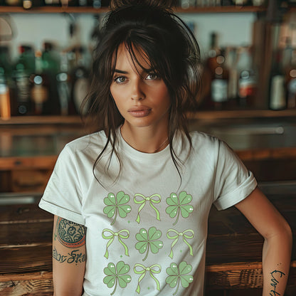 Women's St. Patrick's Day T-Shirt – Lucky Clover & Bow Design – Soft Cotton Crew Neck Tee – Irish Lass Holiday Shirt - Mallard Moon Gift Shop