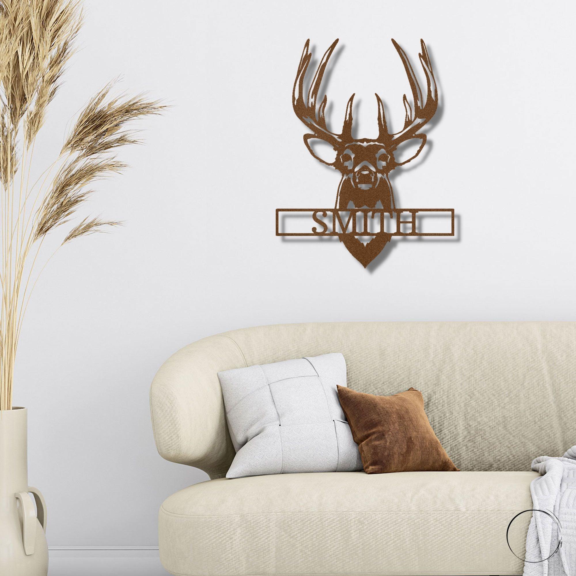 Deer Buck Head Mount Monogram Personalized Name Metal Art Wall Sign - Mallard Moon Gift Shop