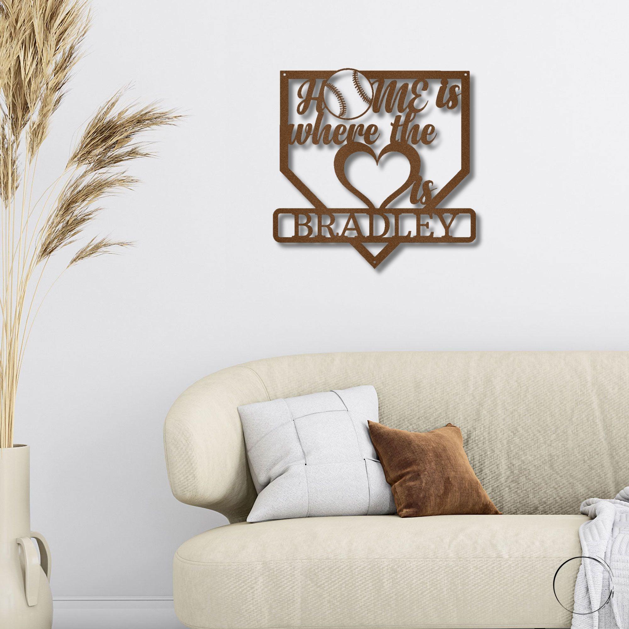 Baseball Home Is Where the Heart Is Custom Name Metal Art Wall Sign - Mallard Moon Gift Shop