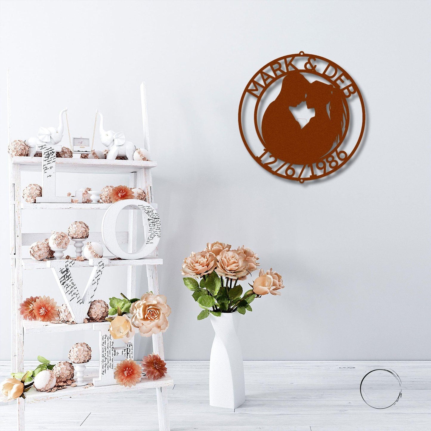 Couple Silhouette Sweetheart Custom Monogram Name Metal Wall Art - Mallard Moon Gift Shop