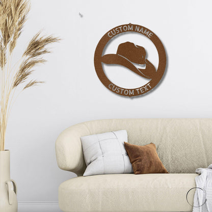 Cowboy Hat Personalized Name Indoor Outdoor Steel Wall Sign Metal Art - Mallard Moon Gift Shop