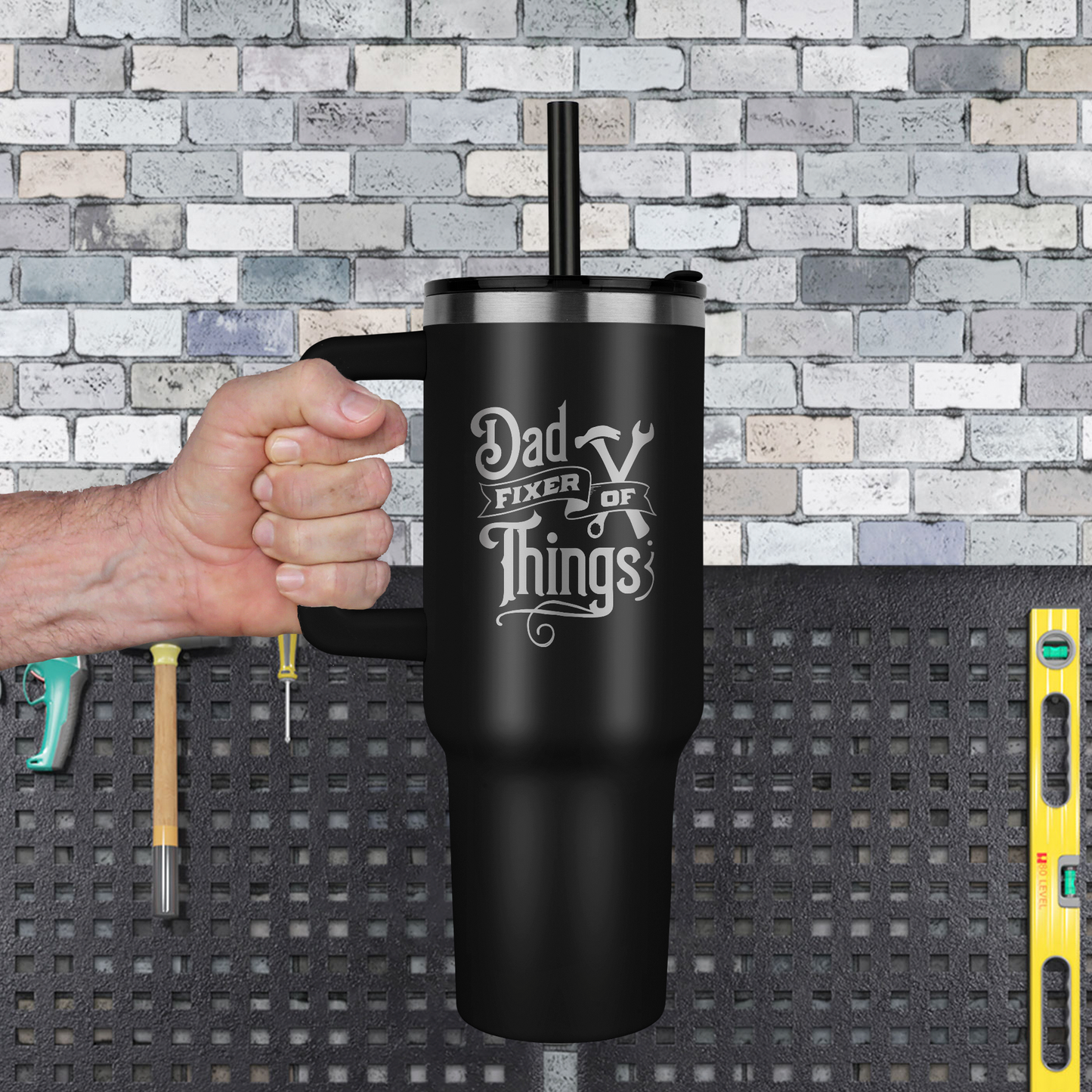 Dad- Fixer of Things - Funny 40oz laser-engraved Tumbler with Handle - Mallard Moon Gift Shop