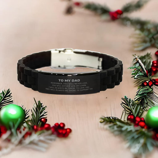 Dad Gifts, To My Dad Remember, you will never lose. You will either WIN or LEARN, Keepsake Black Glidelock Clasp Bracelet For Dad Engraved, Birthday Christmas Gifts Ideas For Dad X-mas Gifts - Mallard Moon Gift Shop