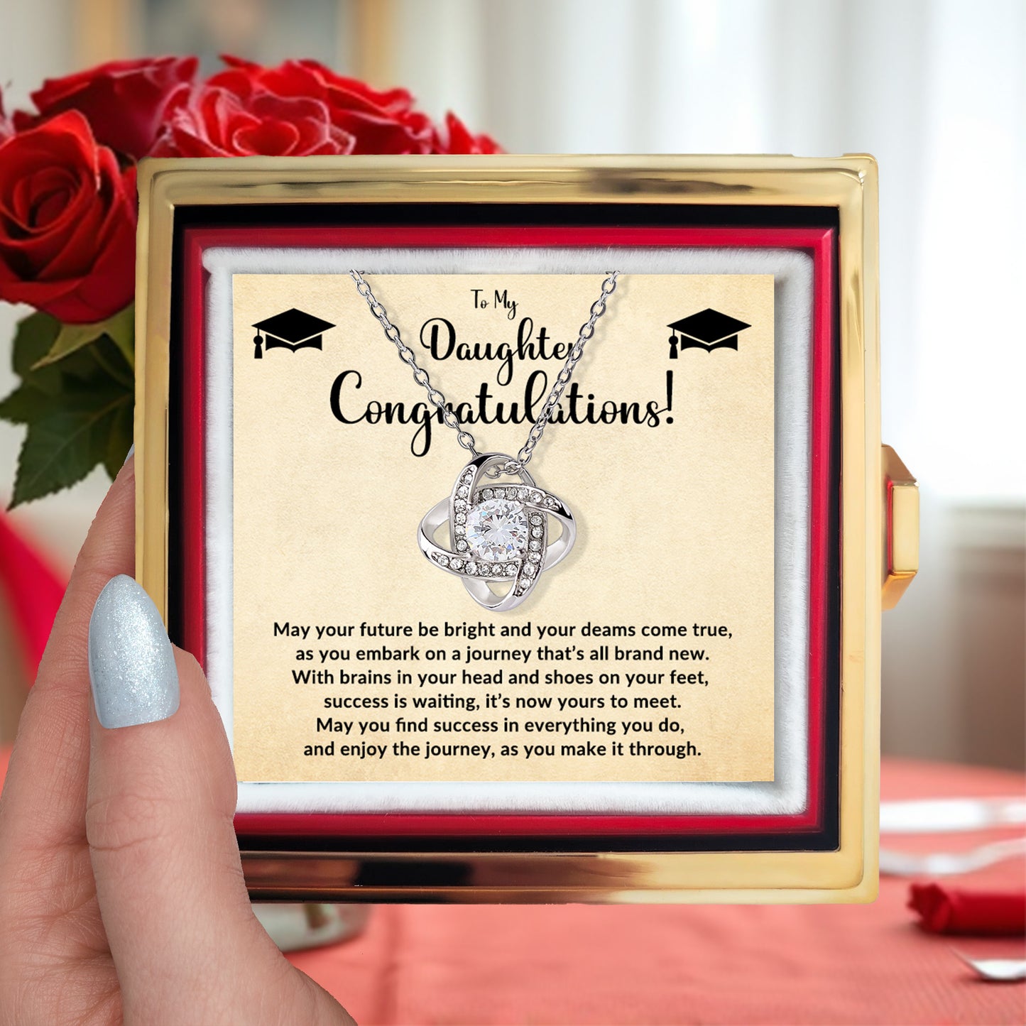 To My Daughter – Graduation Gift - Love Knot Necklace with Rotating Rose Jewelry Box - Mallard Moon Gift Shop