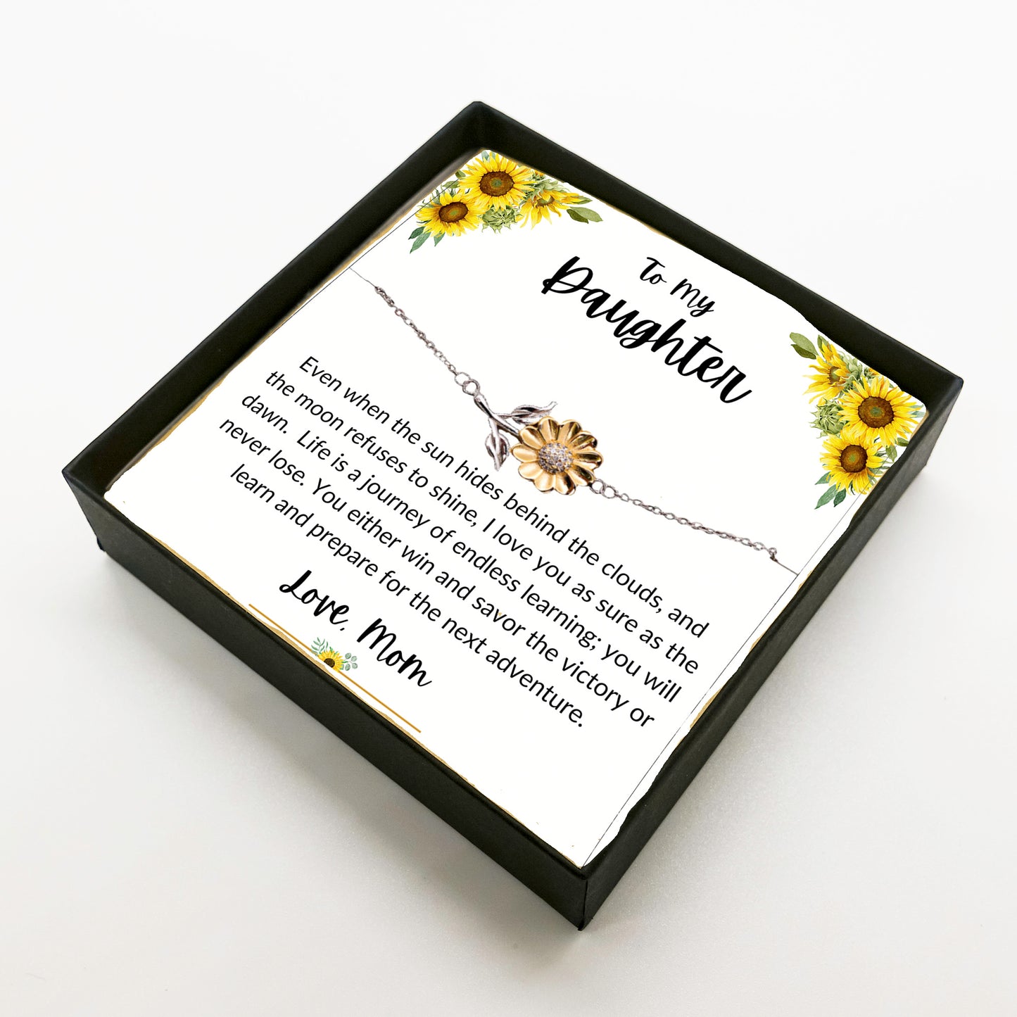 Daughter Sunflower Bracelet – Sterling Silver with 18K Gold-Plated Petals – Gift for Teen & Adult Daughters from Mom – Inspirational Jewelry with Message Card - Graduation, Birthday Keepsake - Mallard Moon Gift Shop