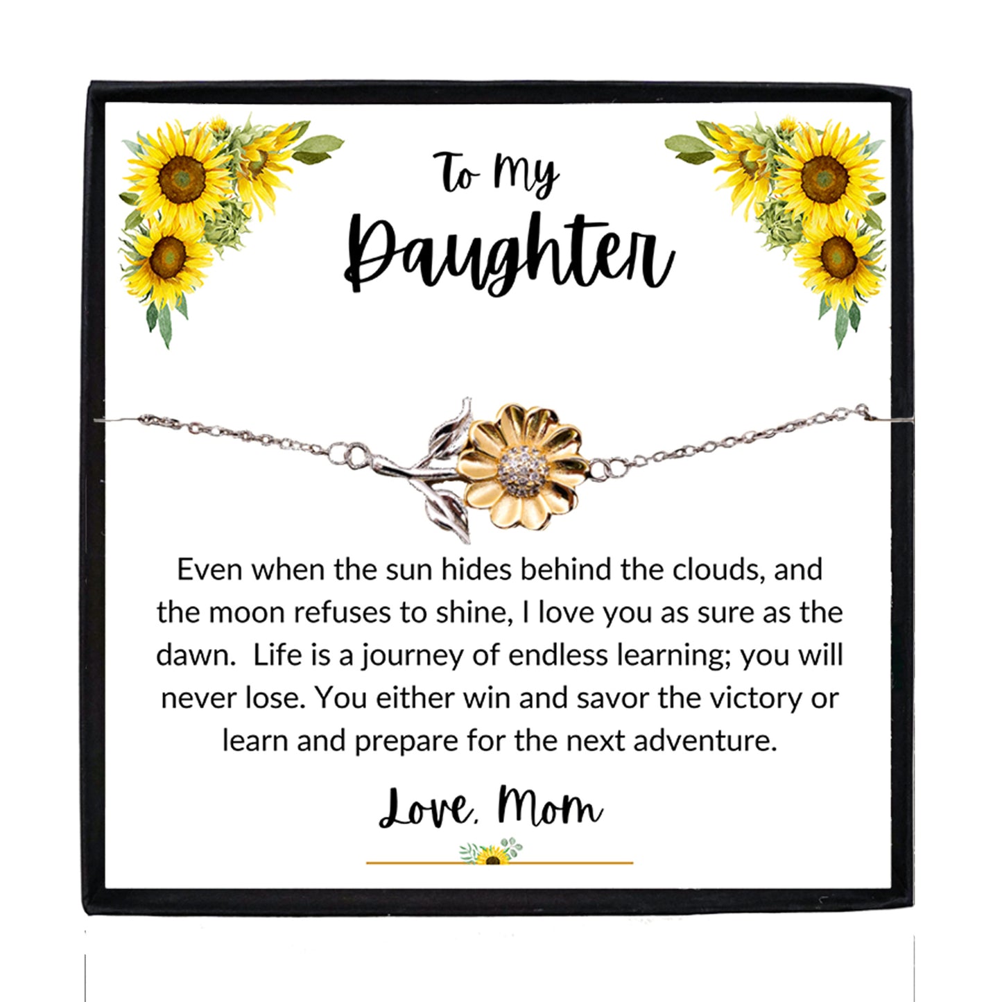 Daughter Sunflower Bracelet – Sterling Silver with 18K Gold-Plated Petals – Gift for Teen & Adult Daughters from Mom – Inspirational Jewelry with Message Card - Graduation, Birthday Keepsake - Mallard Moon Gift Shop