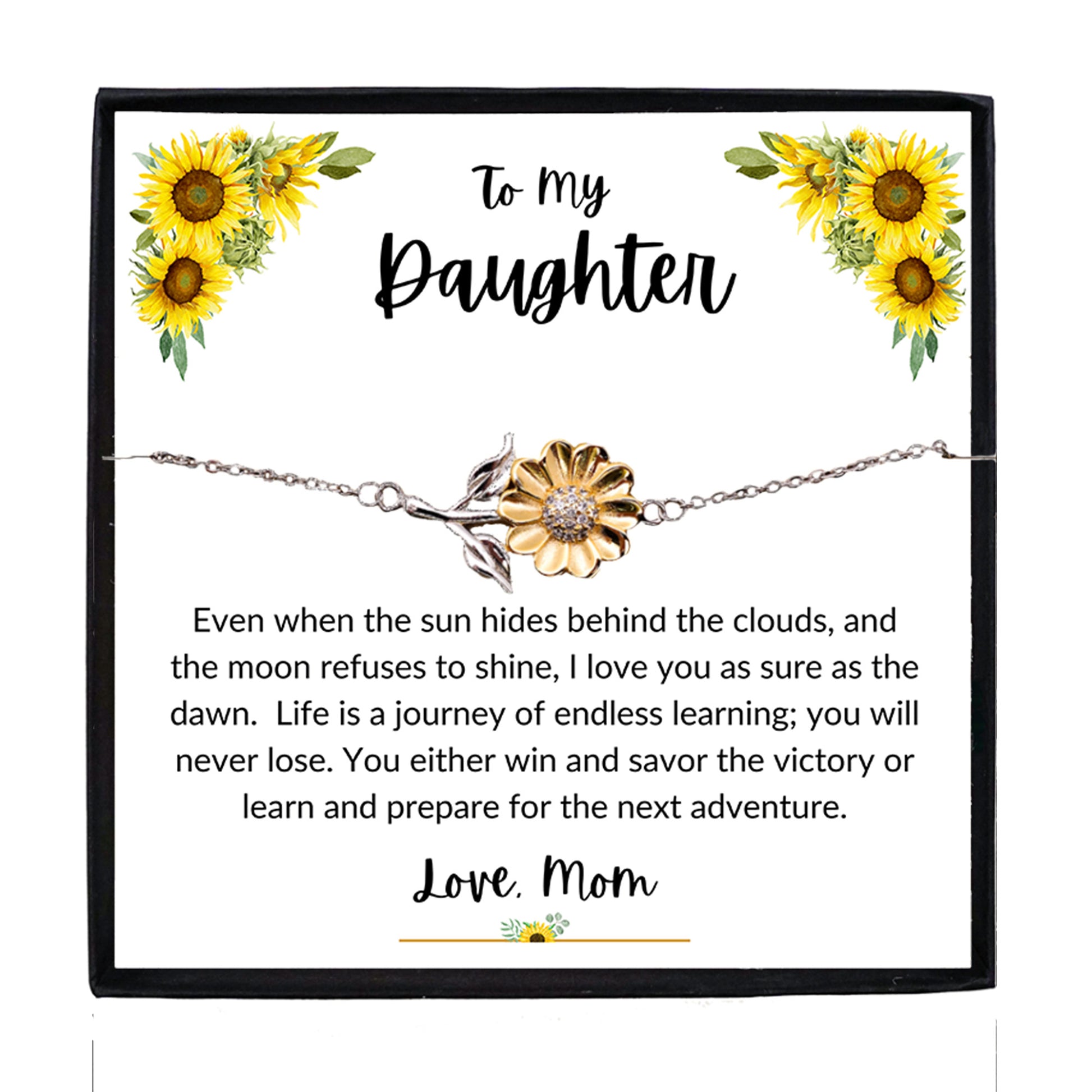 Daughter Sunflower Bracelet – Sterling Silver with 18K Gold-Plated Petals – Gift for Teen & Adult Daughters from Mom – Inspirational Jewelry with Message Card - Graduation, Birthday Keepsake - Mallard Moon Gift Shop