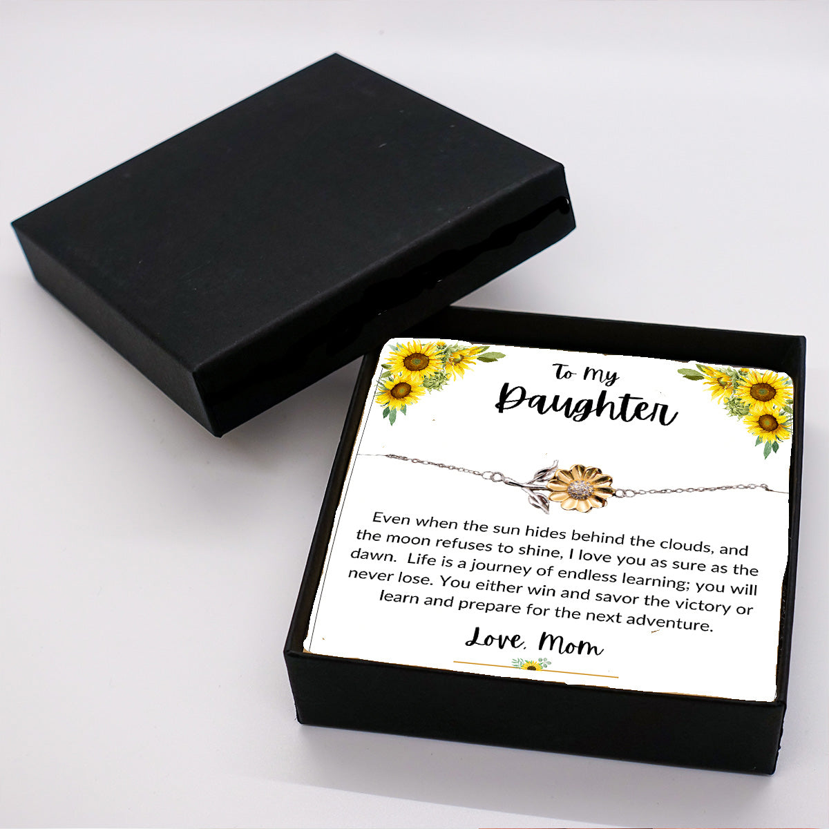 Daughter Sunflower Bracelet – Sterling Silver with 18K Gold-Plated Petals – Gift for Teen & Adult Daughters from Mom – Inspirational Jewelry with Message Card - Graduation, Birthday Keepsake - Mallard Moon Gift Shop