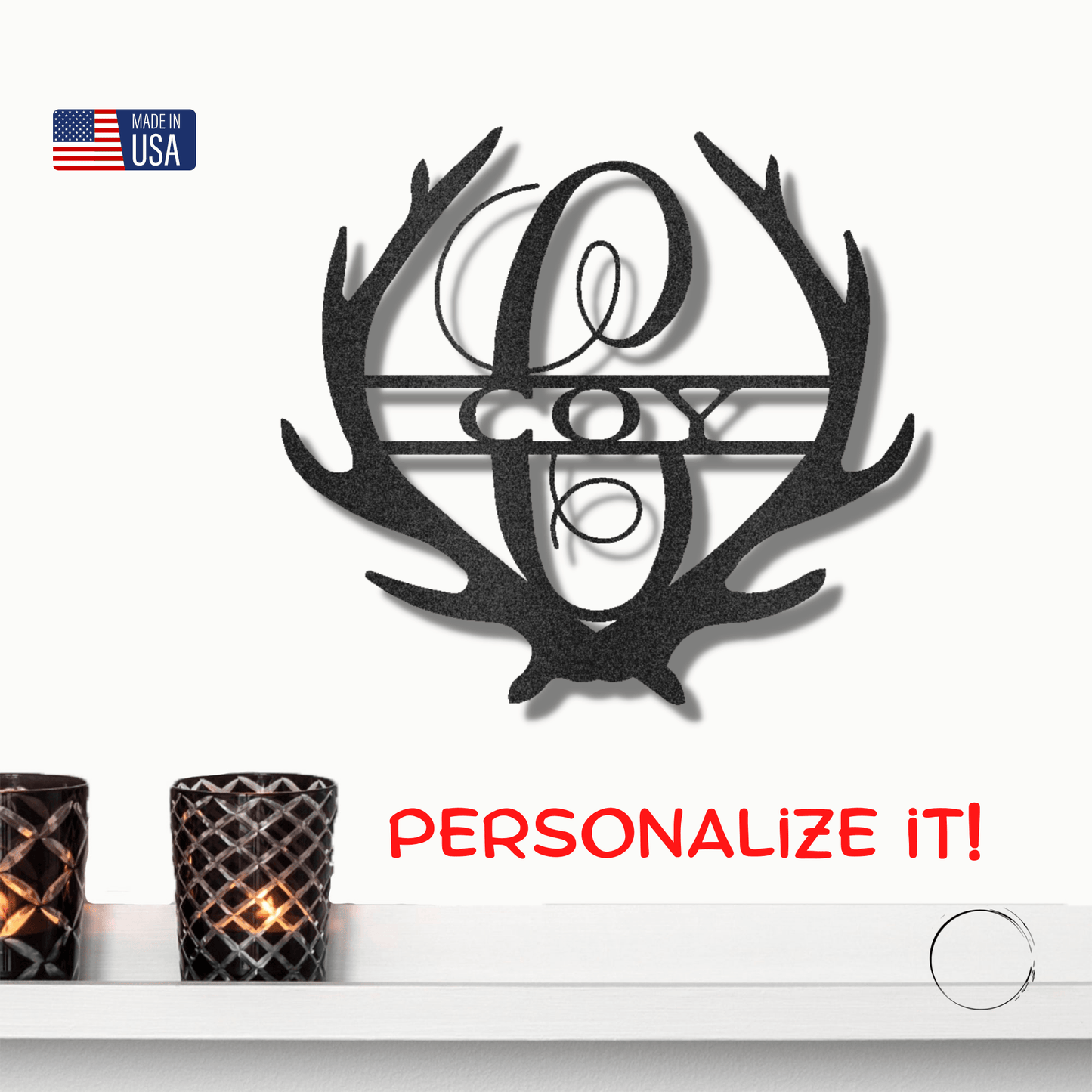 Deer Antler Personalized Initial Name Metal Art Wall Sign - Mallard Moon Gift Shop