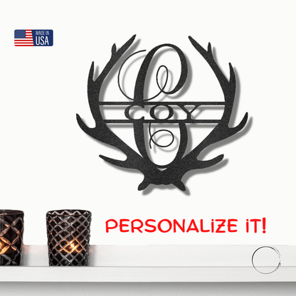 Deer Antler Personalized Initial Name Metal Art Wall Sign - Mallard Moon Gift Shop