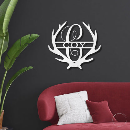 Deer Antler Personalized Initial Name Metal Art Wall Sign - Mallard Moon Gift Shop